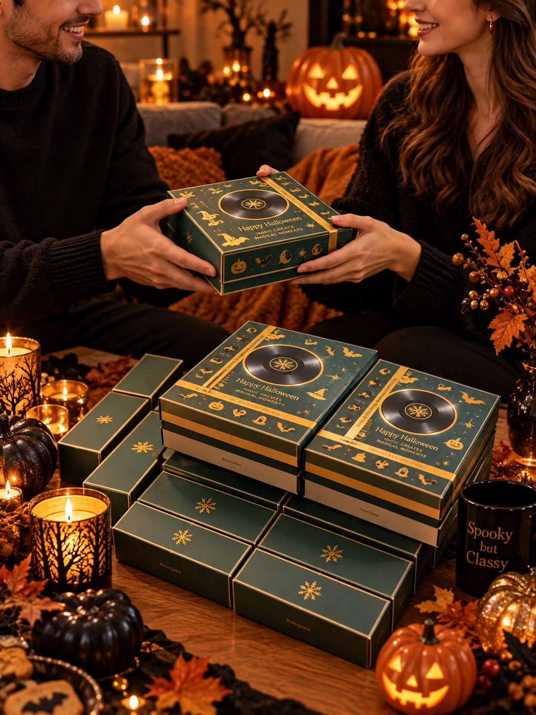 Coffret vert et or BOO Box Halloween Edition dans une ambiance Halloween